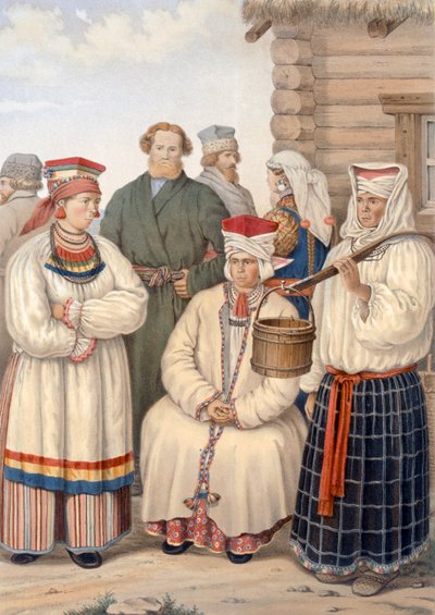 Winter costume of a family of notable citizens, District of Voronege, c.1840s by S. Pavloff
